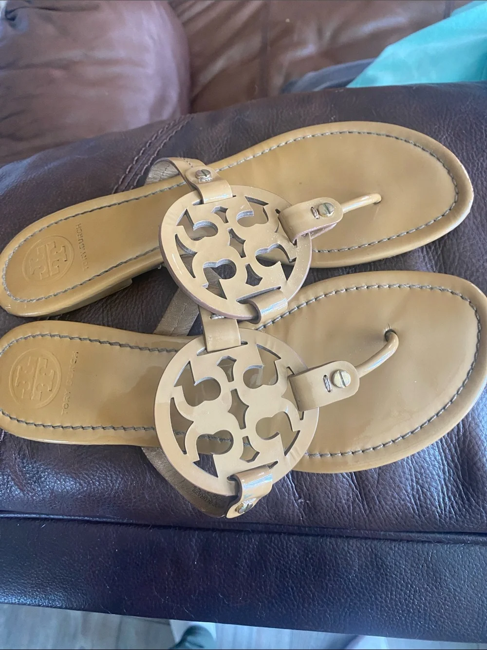 Tory Burch Tan Leather Logo Thong Sandals - Picture 7 of 8